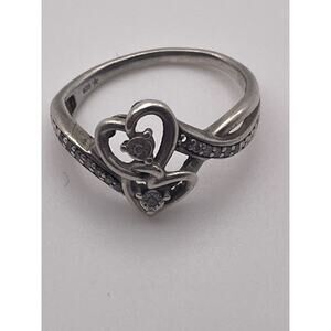 Vtg 925 Sterling Connected Intertwined Hearts Diamond Ring Marked
